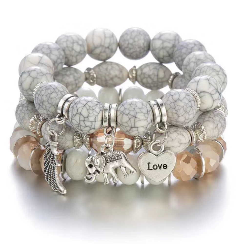Boho 3 Piece Glass and Silver Charm Bracelet Set